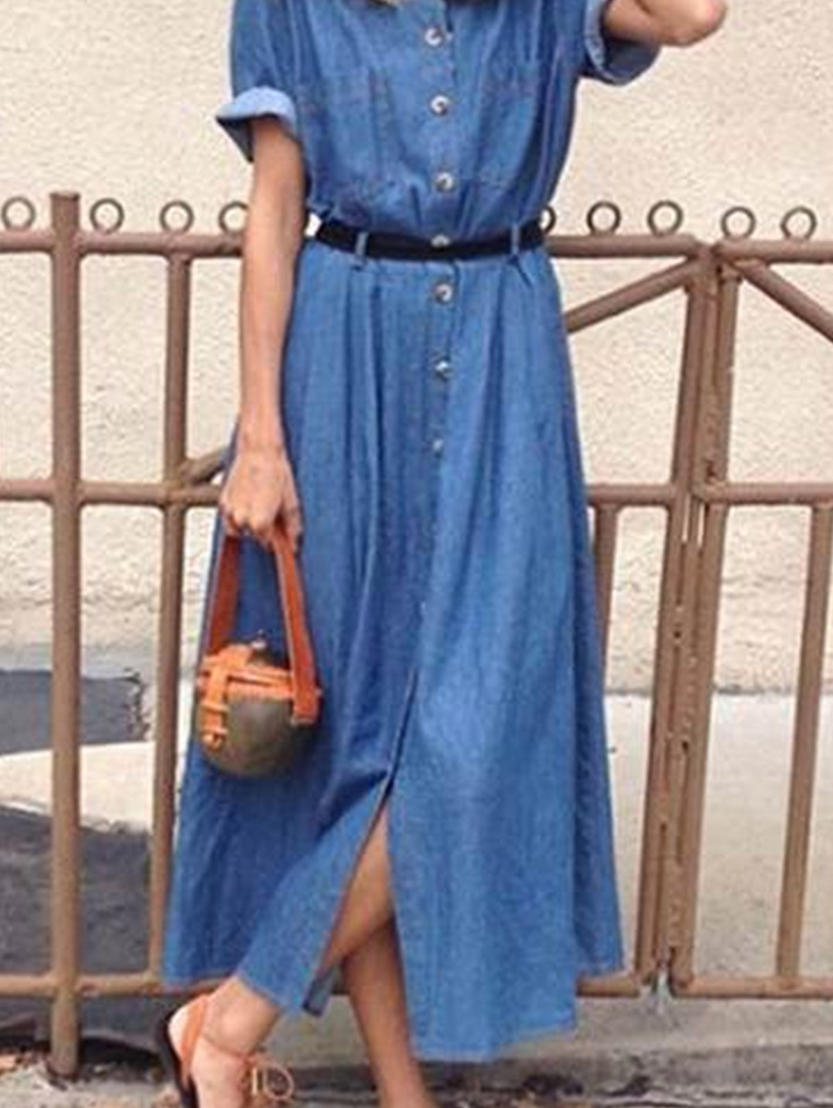 Casual Plain Lapel Collar Short Sleeve Midi Shirt Dress