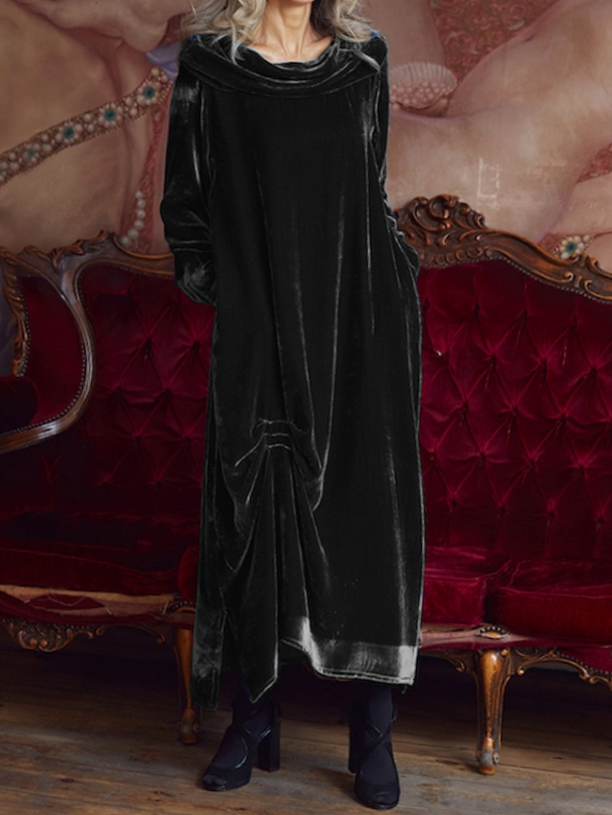 Cowl Neck Ruched Velvet Midi Dress