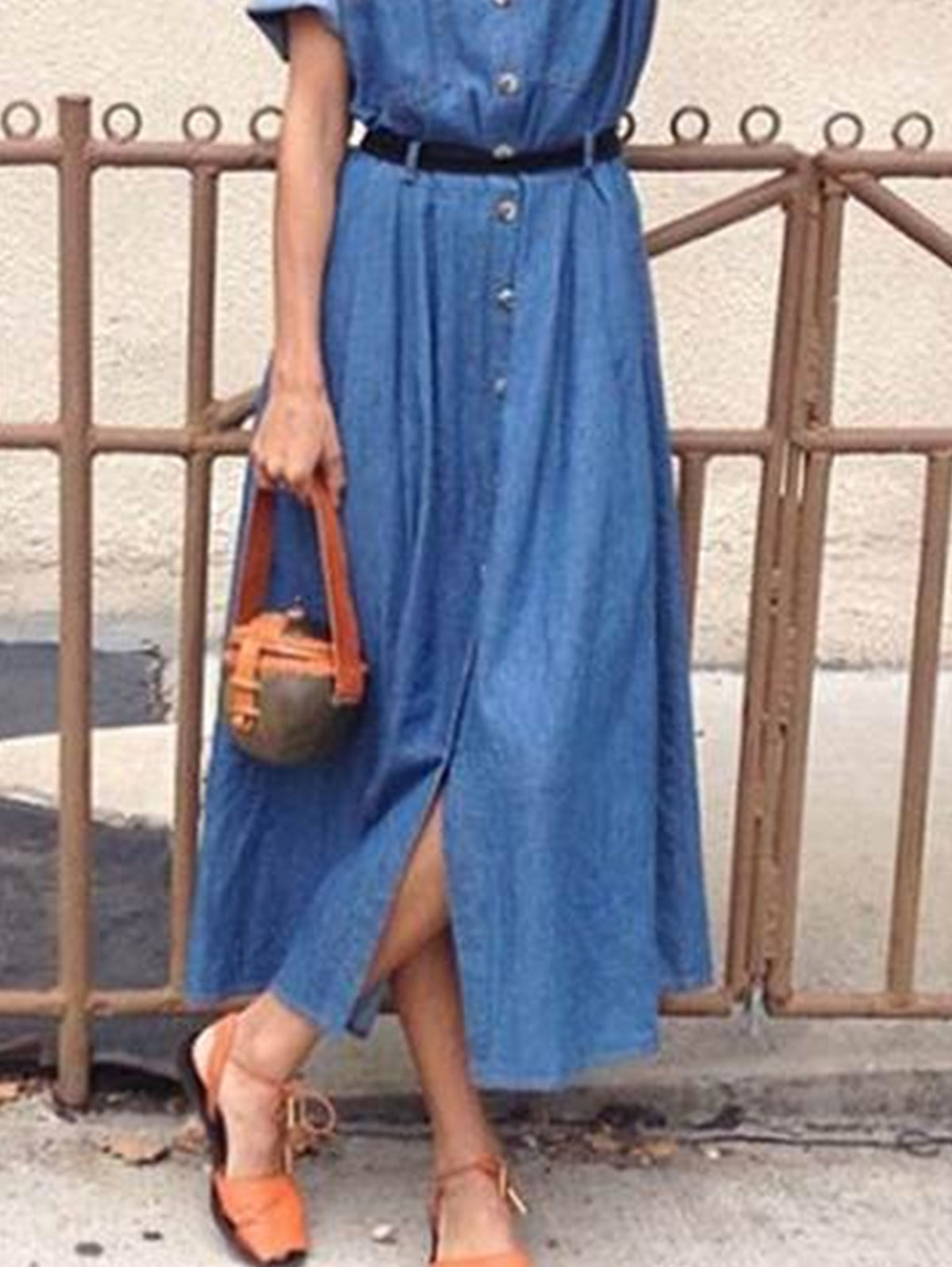 Casual Plain Lapel Collar Short Sleeve Midi Shirt Dress
