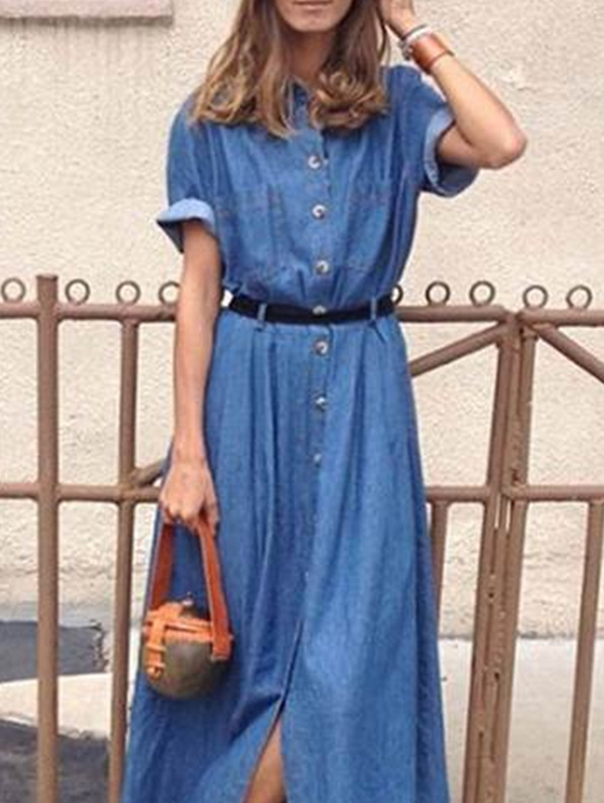 Casual Plain Lapel Collar Short Sleeve Midi Shirt Dress
