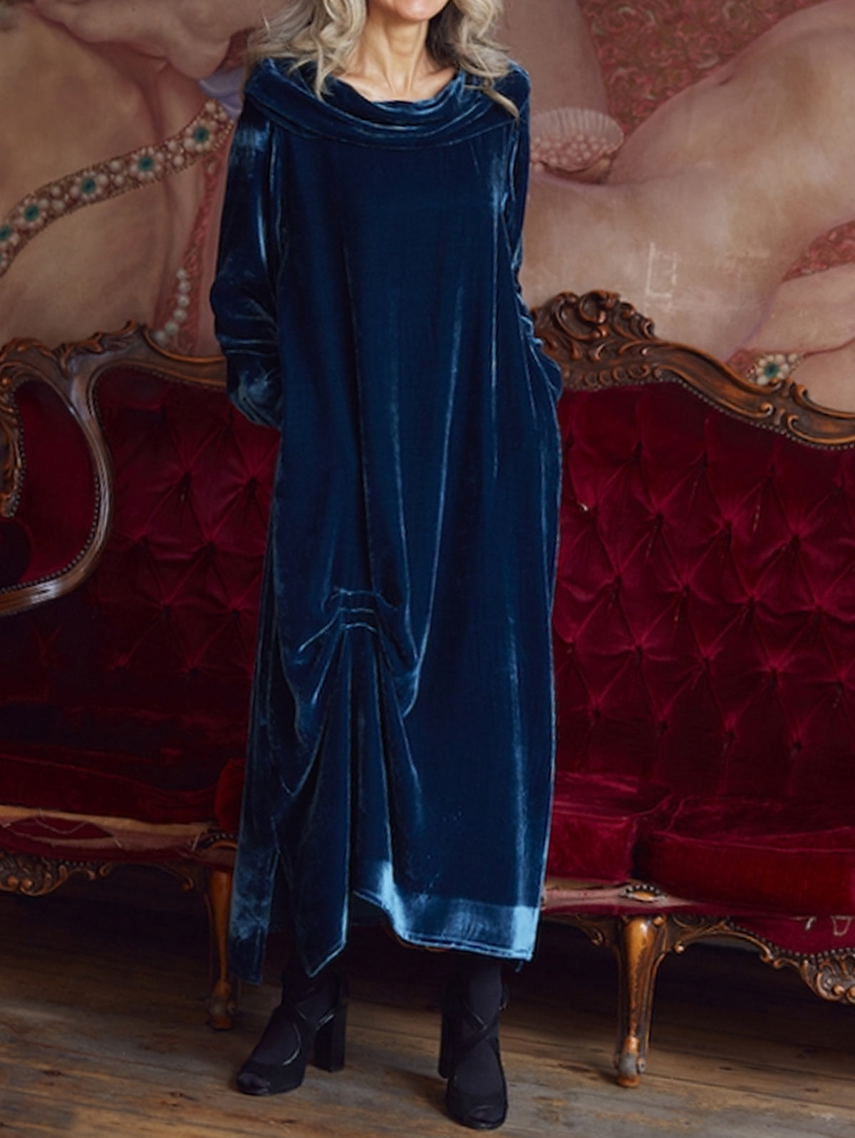 Cowl Neck Ruched Velvet Midi Dress