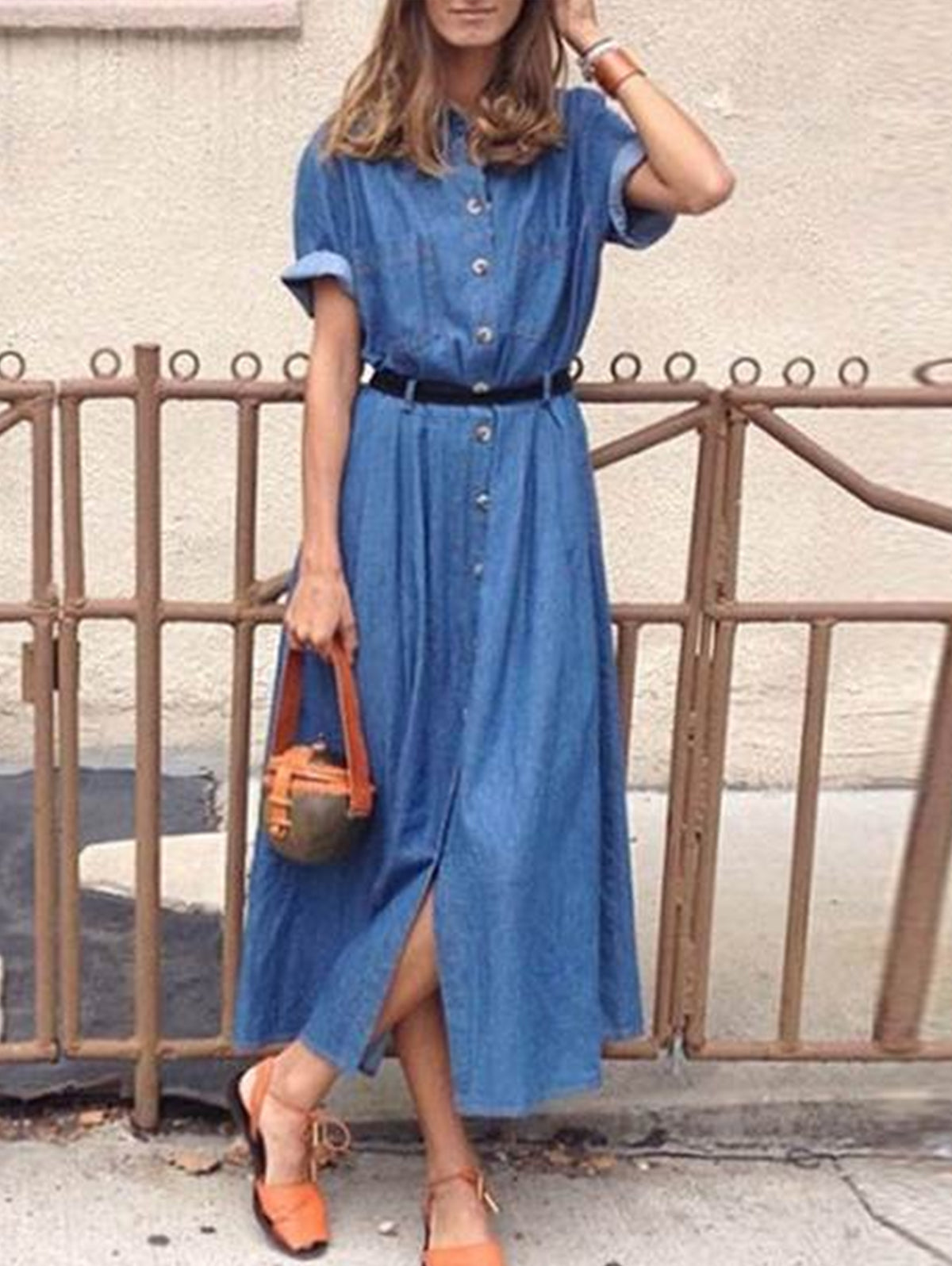 Casual Plain Lapel Collar Short Sleeve Midi Shirt Dress