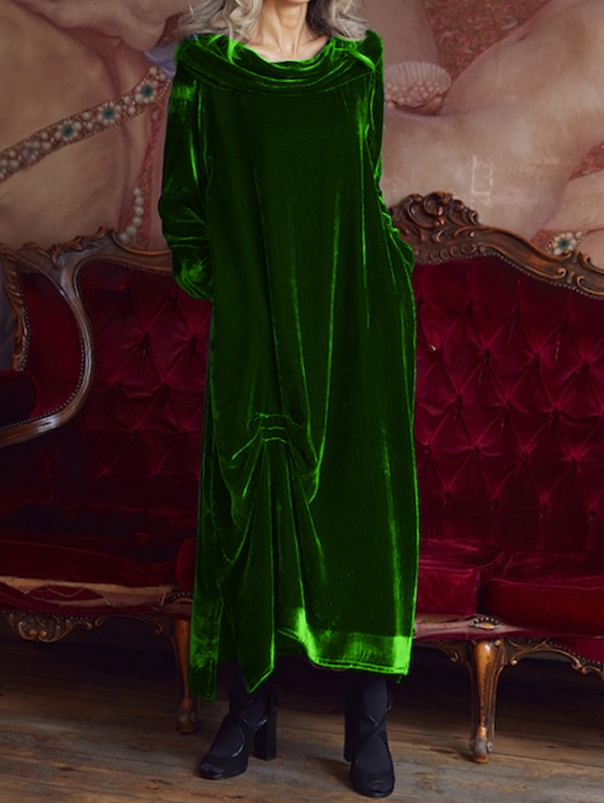 Cowl Neck Ruched Velvet Midi Dress