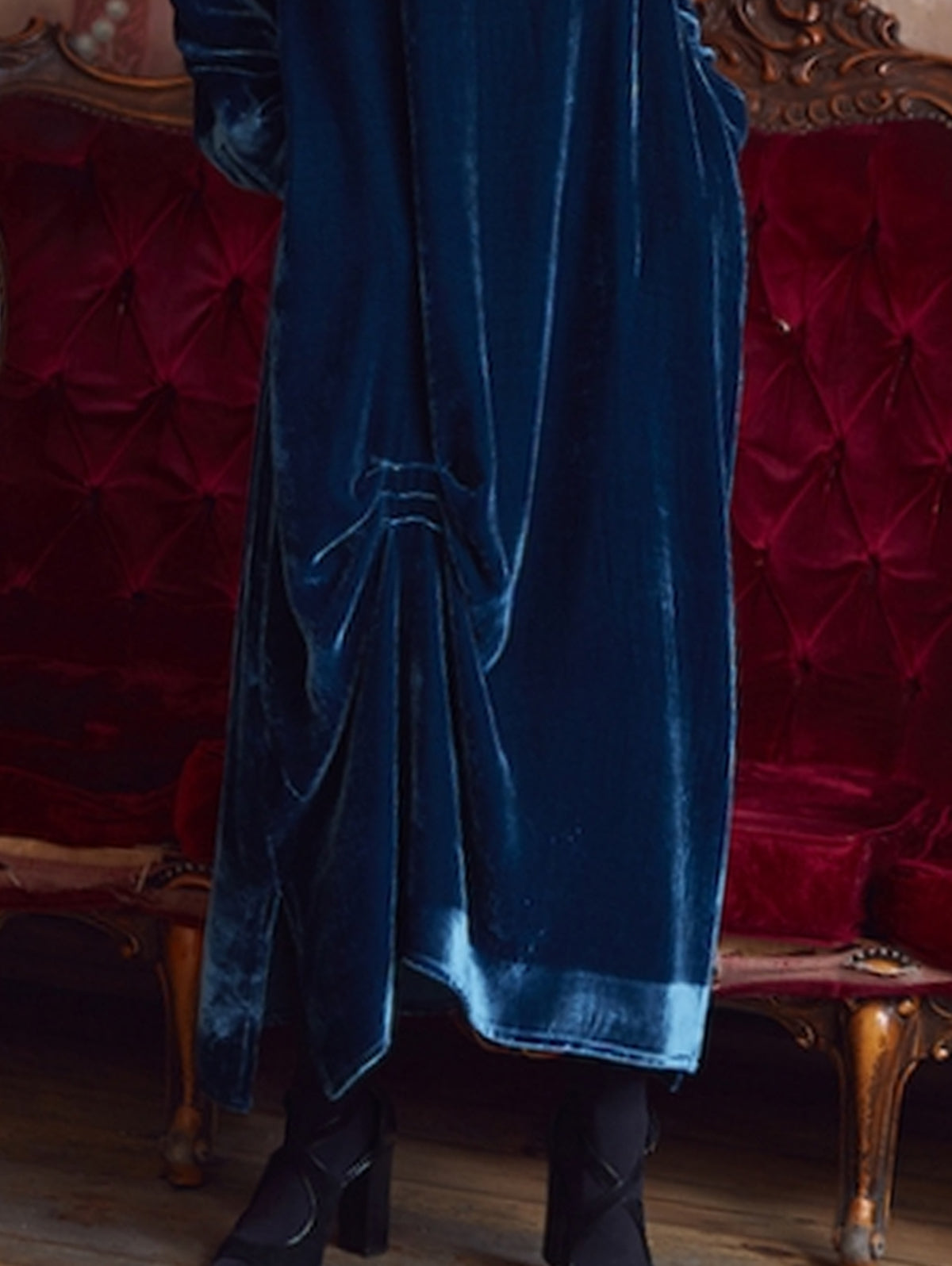 Cowl Neck Ruched Velvet Midi Dress
