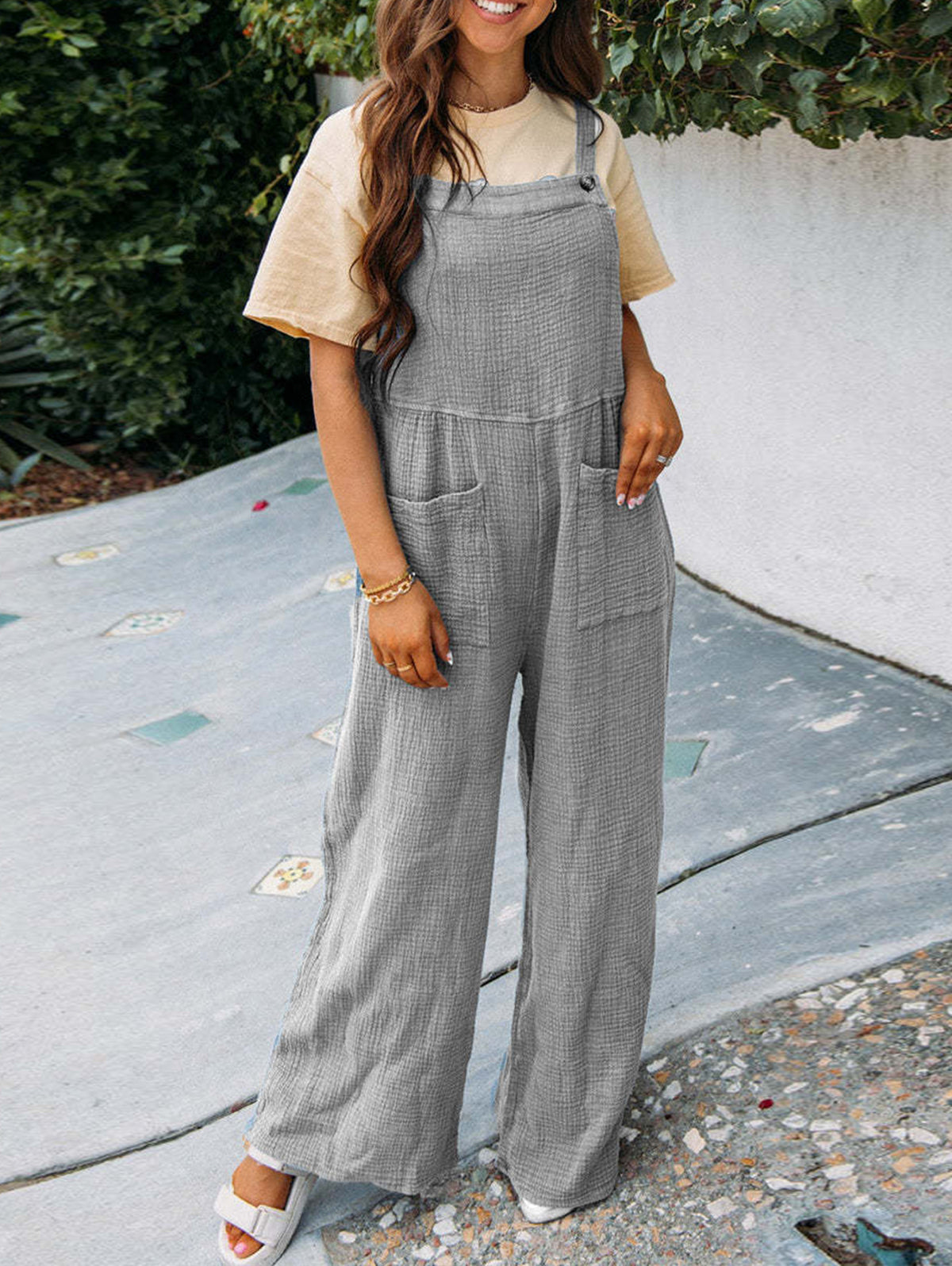 Casual Plain Sleeveless Pocket Loose Wide Leg Overalls